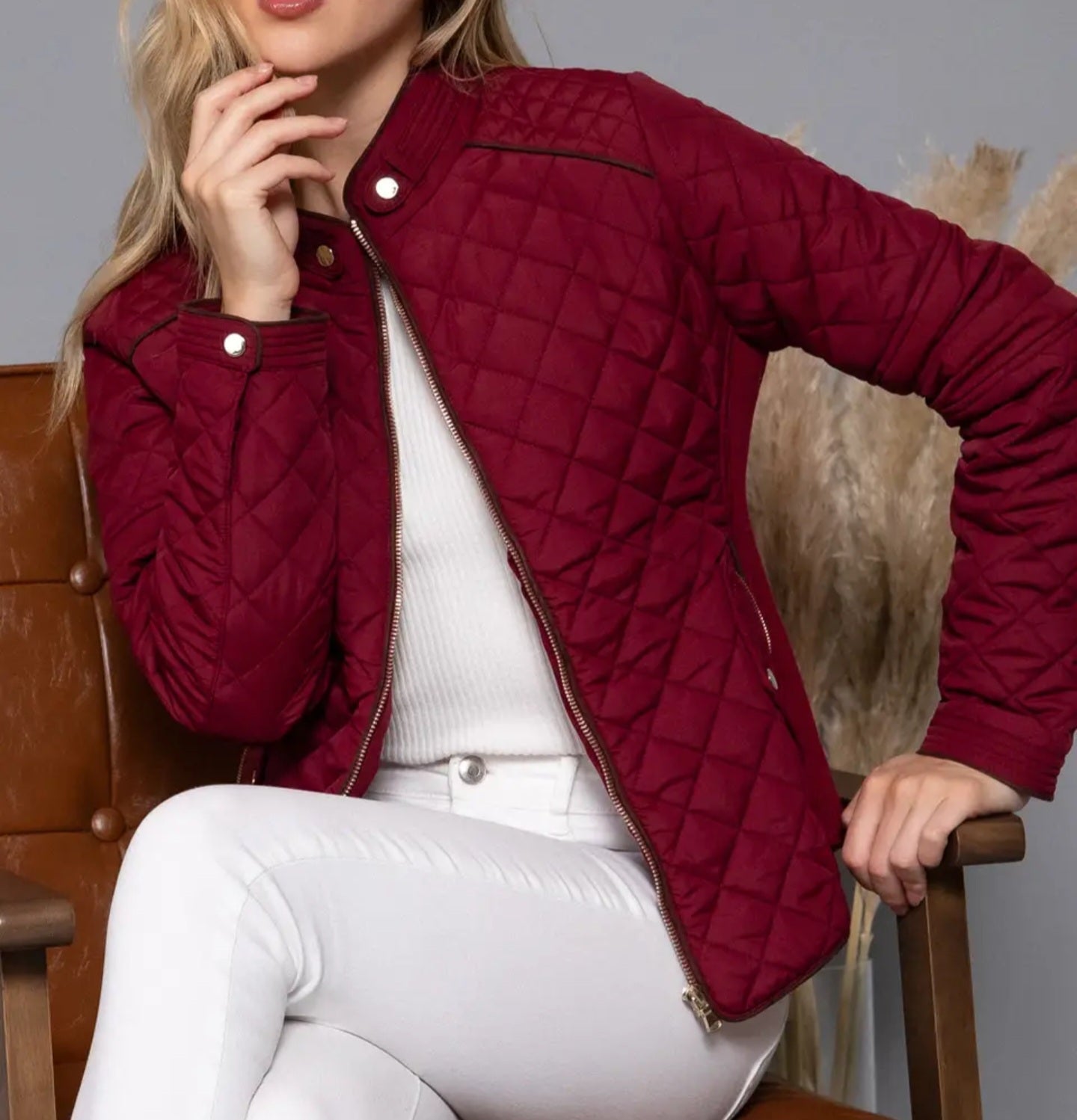 Jacket NEW ARRIVAL - Detail Rib Quilted Padding Jacket with Suede Piping Trim - Burgundy, Black - Sizes Small to Large