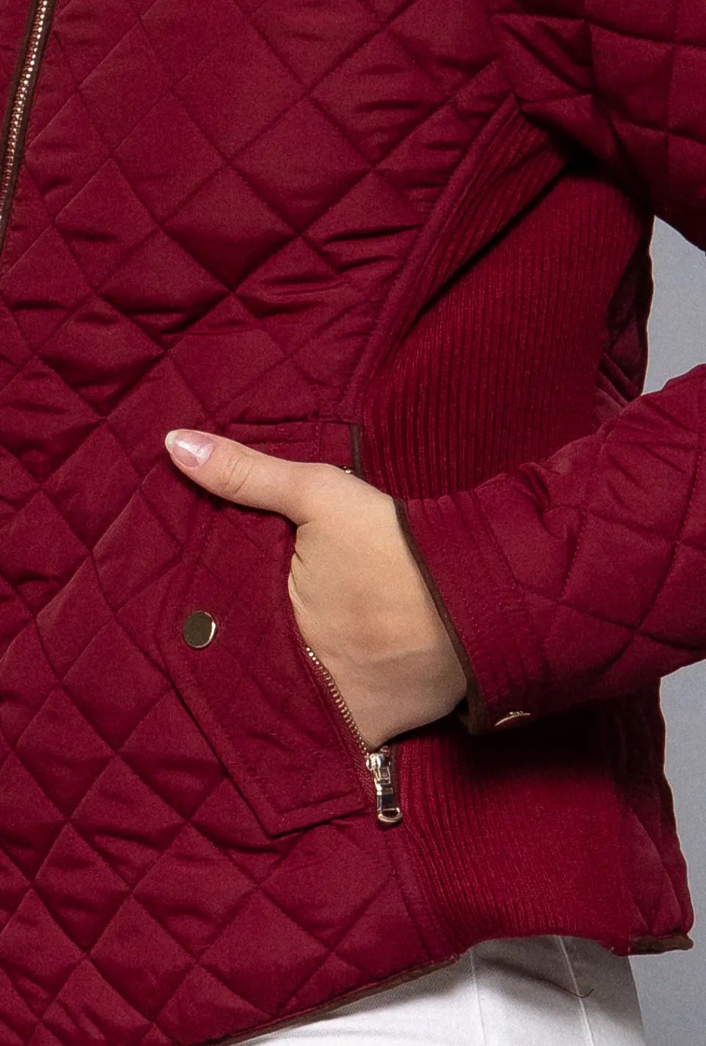 Jacket NEW ARRIVAL - Detail Rib Quilted Padding Jacket with Suede Piping Trim - Burgundy, Black - Sizes Small to Large