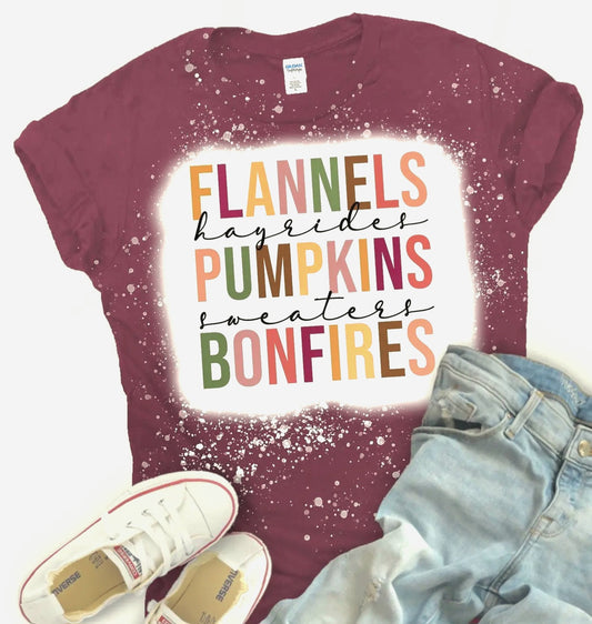 T-Shirt NEW ARRIVAL - Fall Bleached Heathered Light Purple "Flannels, Hayrides, Pumpkins, Sweaters, Bonfire" Tee - Sizes Small to 2X