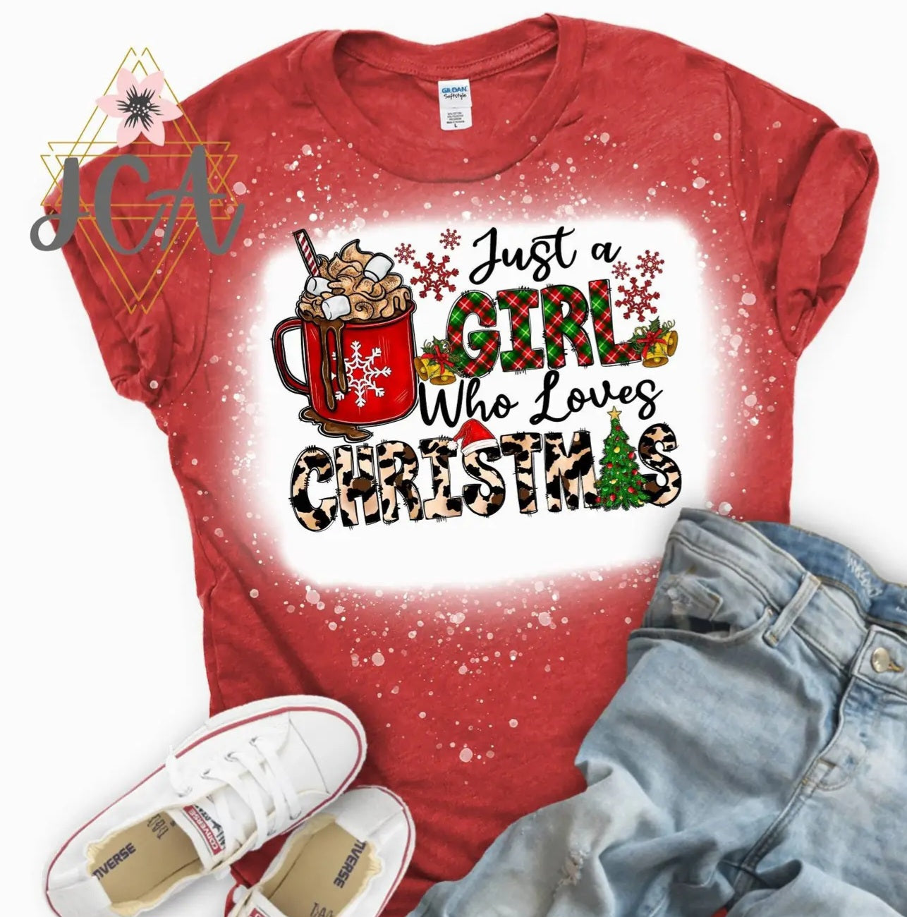 T-Shirt NEW ARRIVAL - Red Bleached "Just A Girl Who Loves Christmas" Tee - Sizes Small - 2X