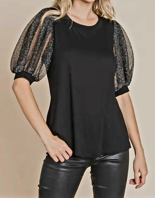 TOP NEW ARRIVAL - Black Top with Shimmer Metallic Sheer Puff Sleeves - Sizes Small to Large