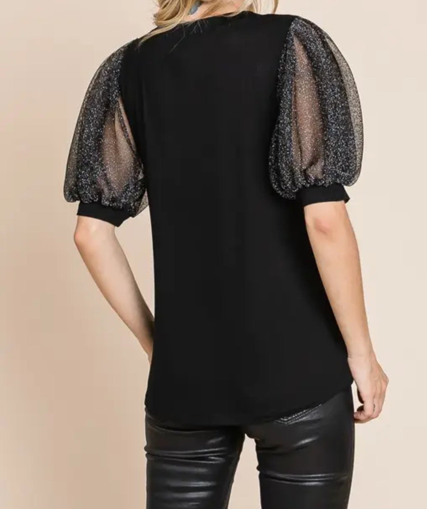 TOP NEW ARRIVAL - Black Top with Shimmer Metallic Sheer Puff Sleeves - Sizes Small to Large