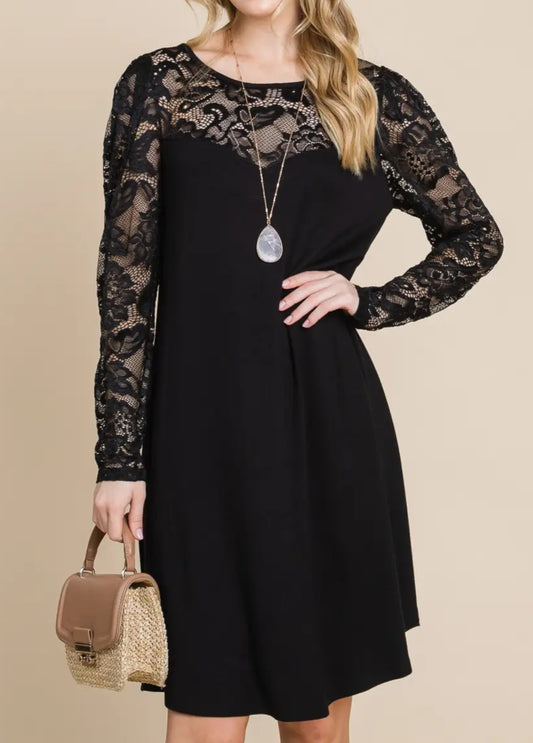 Dress - Emerald Collection Black Dress with Beautiful Lace Across Neckline and Long Sleeves - Sizes Small to Large