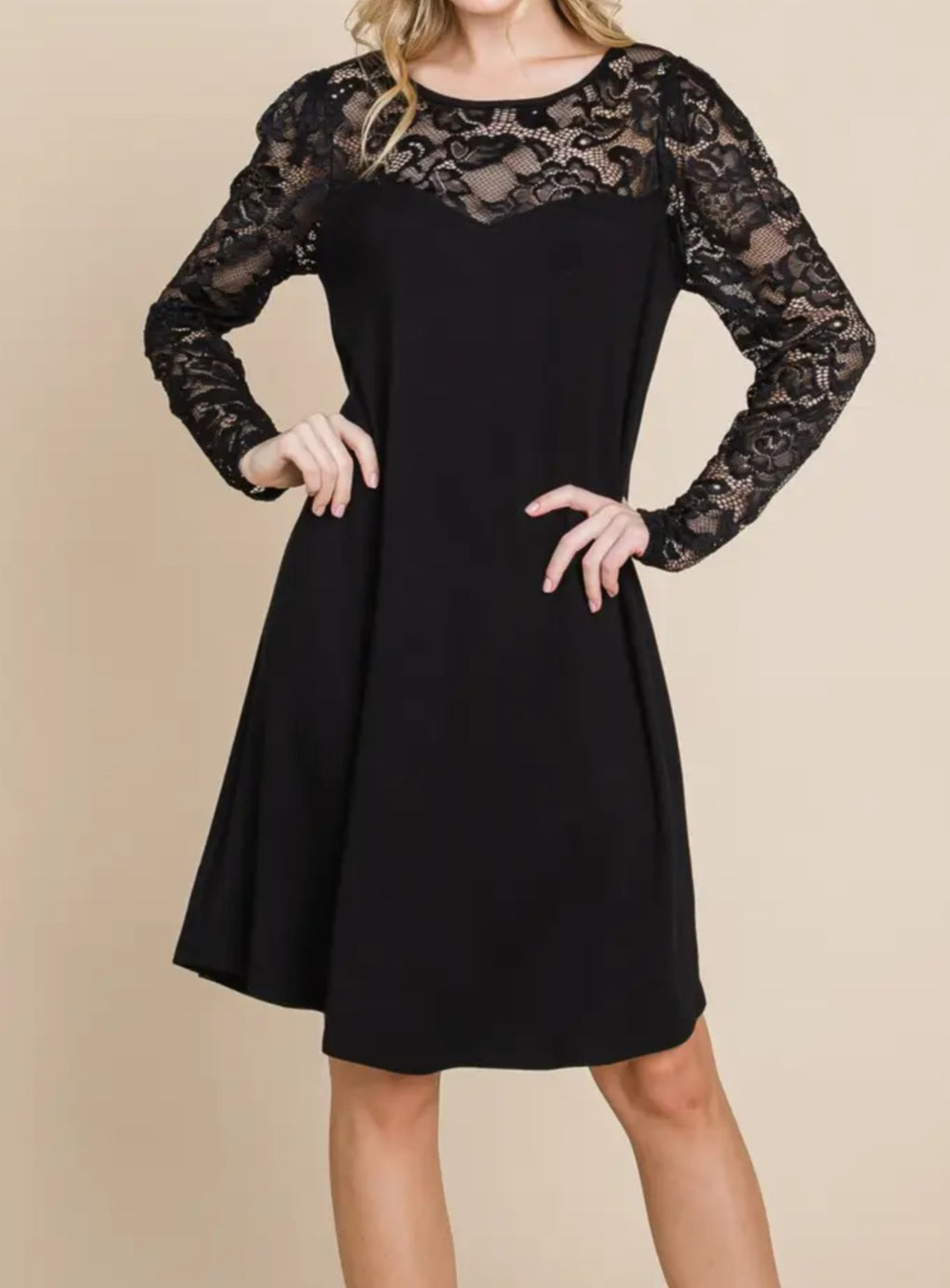 Dress - Emerald Collection Black Dress with Beautiful Lace Across Neckline and Long Sleeves - Sizes Small to Large