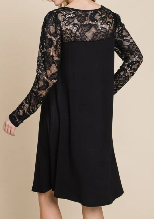 Dress Plus Size - Emerald Collection Black Dress with Beautiful Lace Across Neckline and Long Sleeves - Sizes 1X to 3X