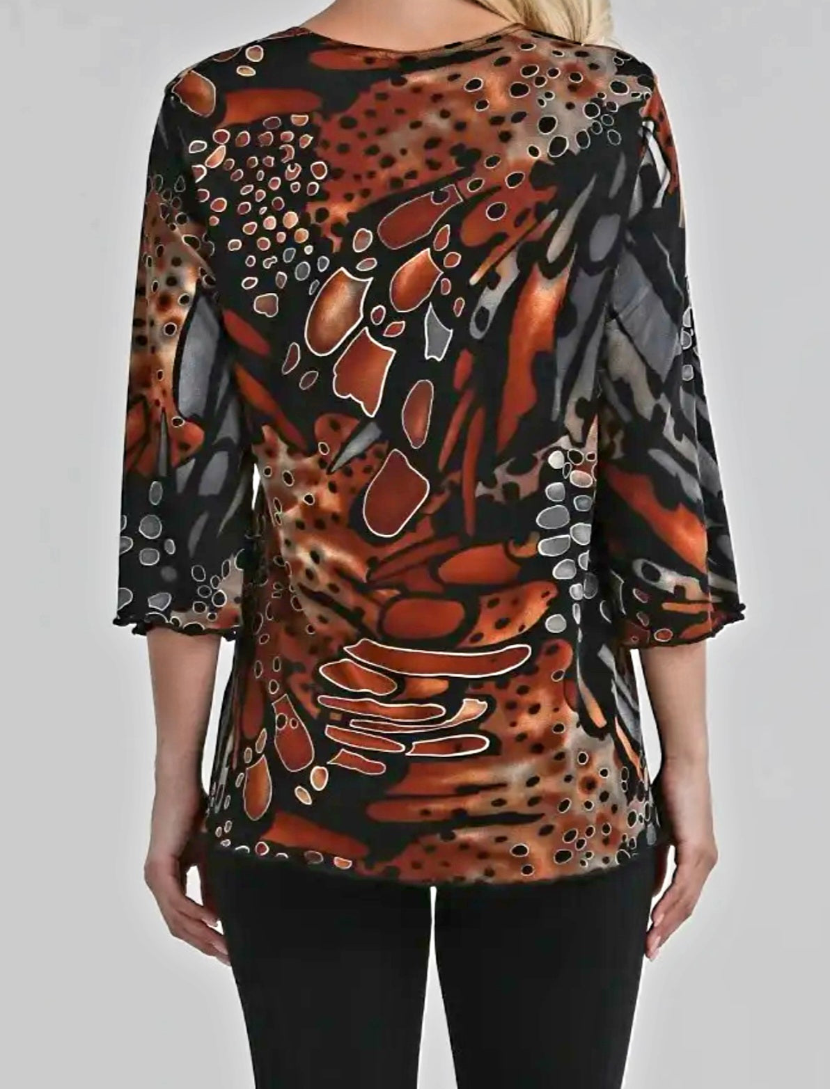 Top - Gorgeous Brown Multi Color Three Quarter Flare Sleeve Top - Sizes Small to XL