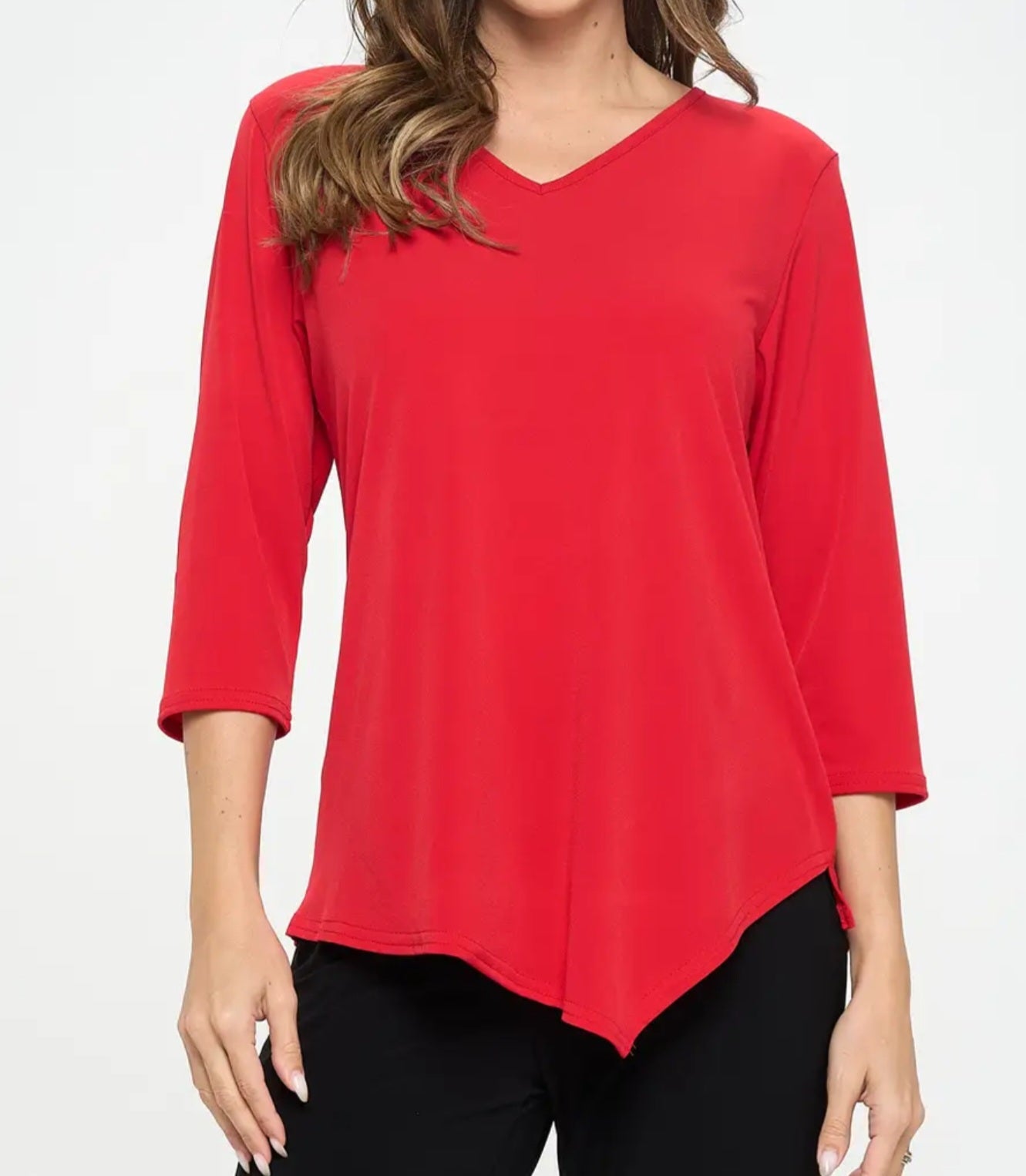 Top Plus Size - Point V-Neck Quarter Sleeve Top