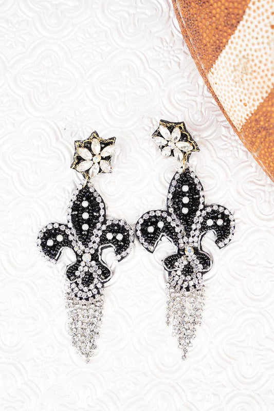 Earrings - Fleur De Lis Black Glitter With Silver Tassels Earrings