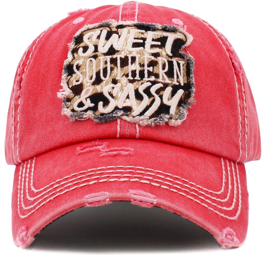 Baseball Cap - Red Distressed "Sweet Southern & Sassy"