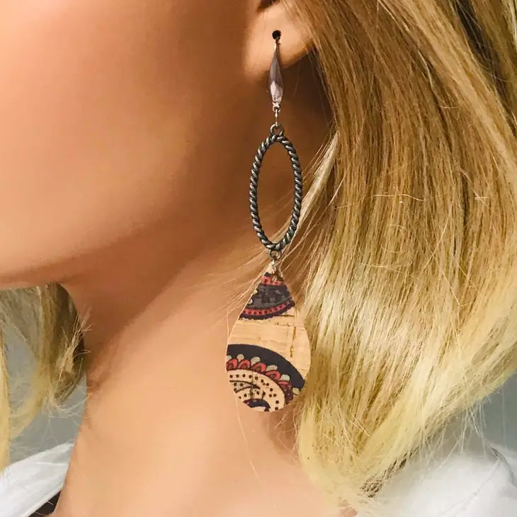 Earrings - Paisley Patterned Portuguese Cork Earrings with Stainless Steel Findings & Ear Wires