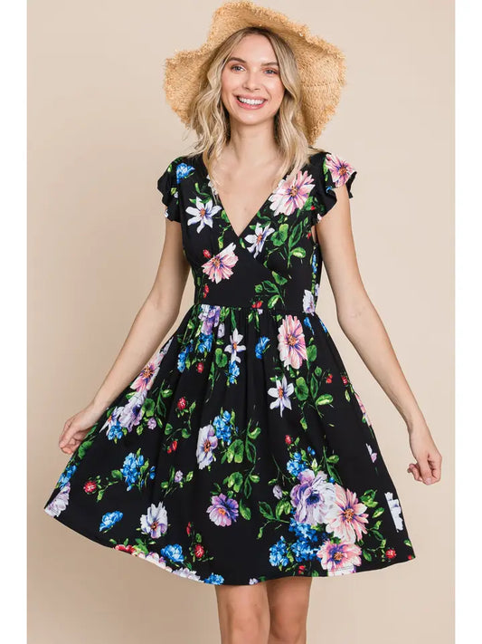 Dress - Black Multi Color Super Soft & Flattering Floral Swing Dress with Flutter Sleeve