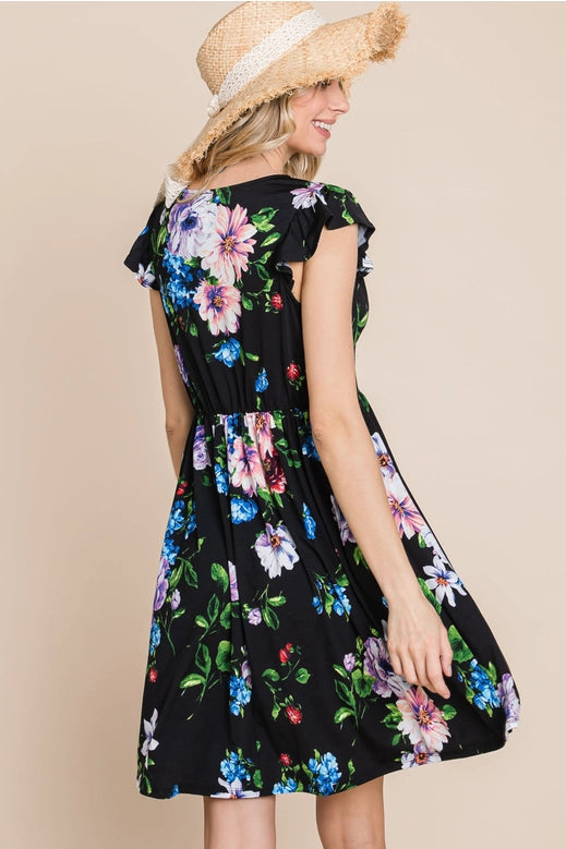 Dress - Black Multi Color Super Soft & Flattering Floral Swing Dress with Flutter Sleeve