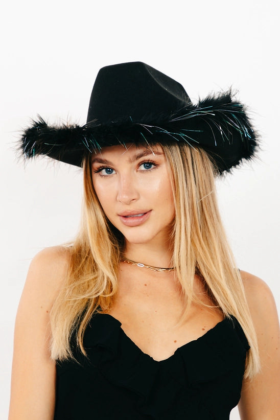 Hat - Black Felt Party Cowboy Hat With Sparkling Black & Silver Feathers On Brim