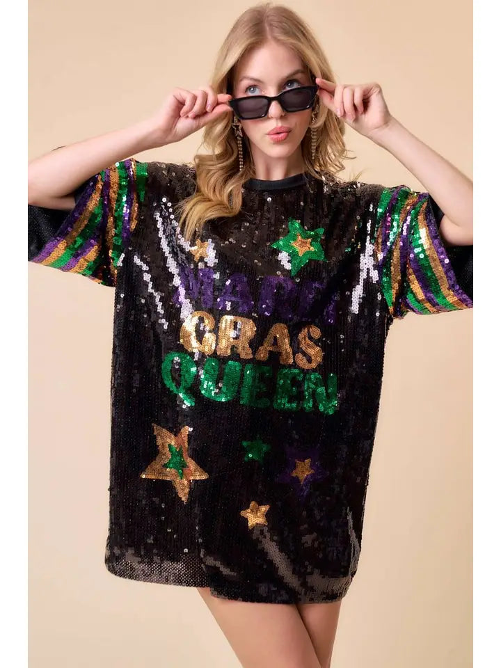 Top - Mardi Gras Queen Fully Sequin Sparkling Tunic Top With Multi Colored Emblems and Sleeves - Sizes Small to Large