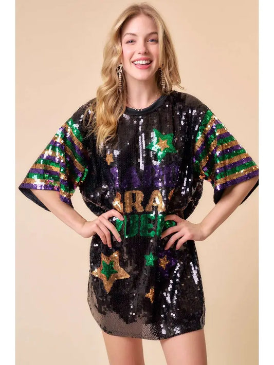 Top - Mardi Gras Queen Fully Sequin Sparkling Tunic Top With Multi Colored Emblems and Sleeves - Sizes Small to Large