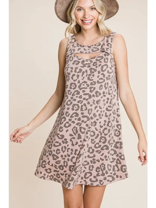 Dress - Pink & Gray Animal Print Cut Out Neckline Sleeveless Dress