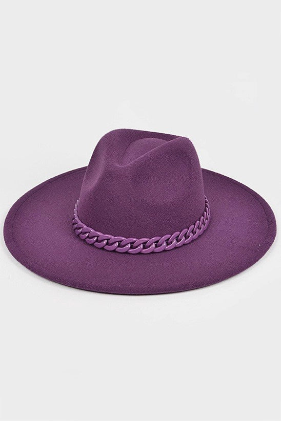 Hat - Purple Fedora Wide Brim Hat With Coated Purple Chain On Band