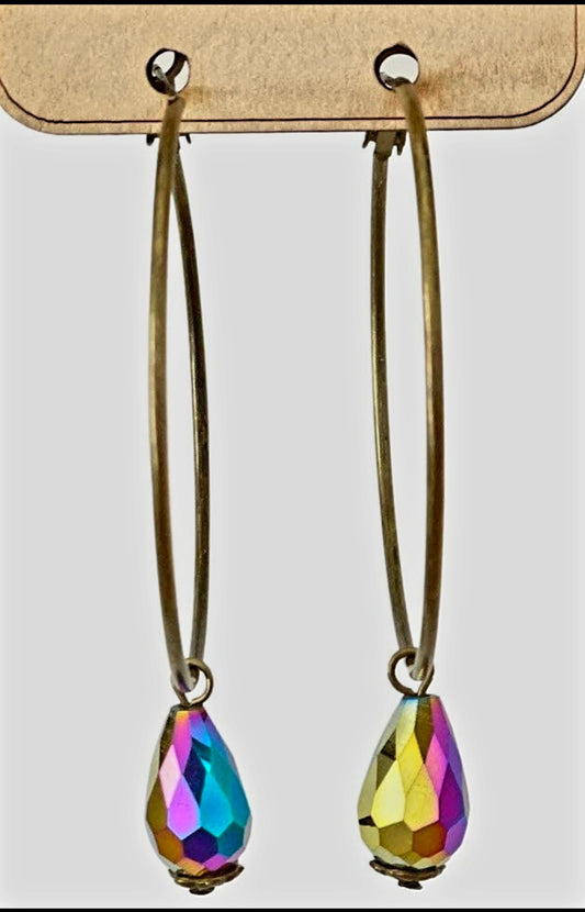 Earrings - Pink Panache Bronze Hoop Earrings With Multi Color Purple/Gold/Fuchsia/Blue Crystal Drop Charm