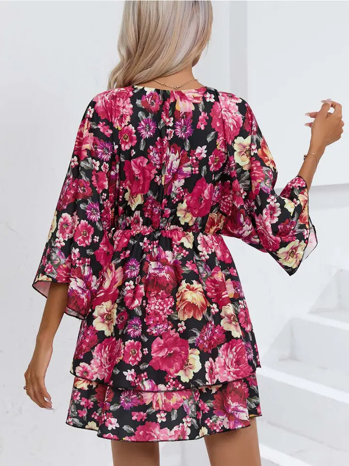 Dresses - Multi Color Floral Gorgeous High Waisted Three-quarter Bell Sleeve V-neck, Sizes Small - 2X